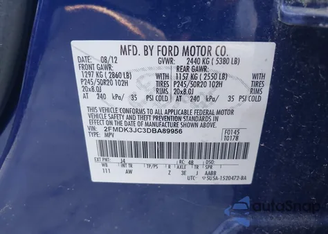2013 Ford Edge Sel from USA, damaged, VIN 2FMDK3JC3DBA89956